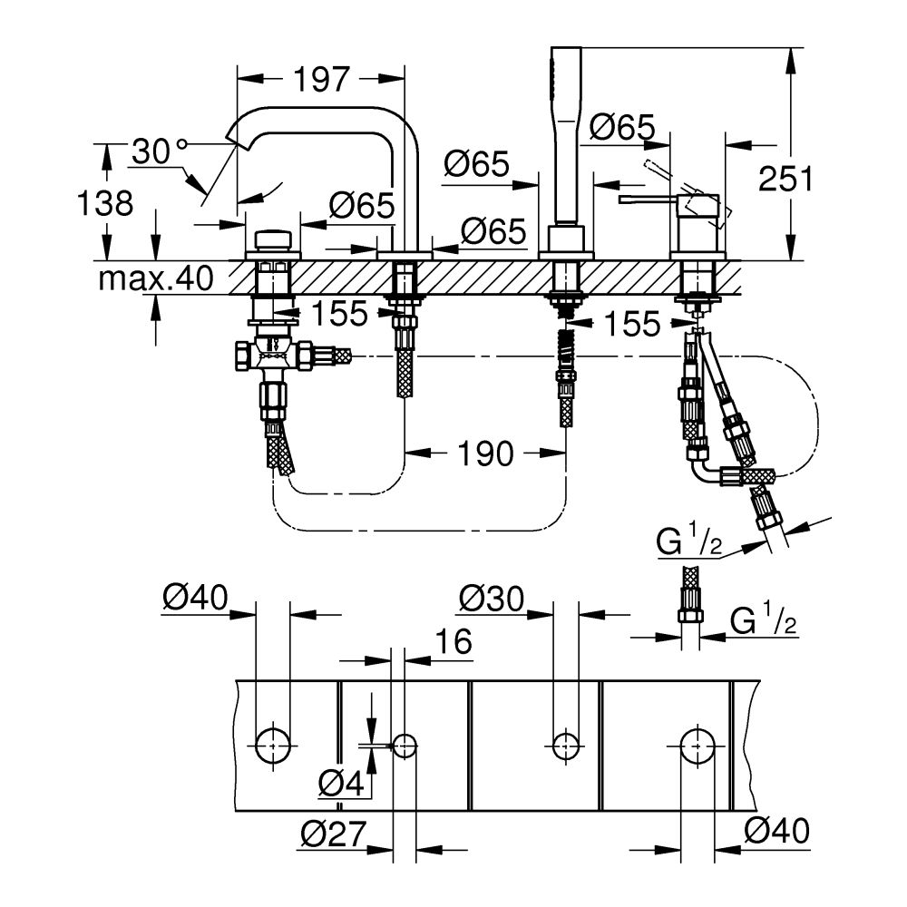 Смеситель для ванны GROHE Essence на 4 отверстия, на край ванны, холодный рассвет глянец (19578GL1)