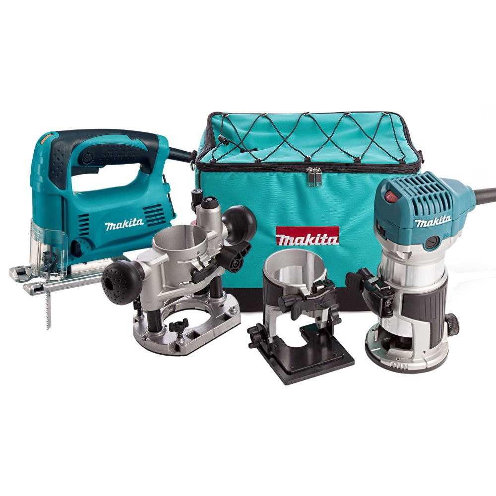 Набор Makita: кромочный фрезер RT0700CX2, 710 Вт, 30000 об/мин, в сумке + лобзик 4329, 450 Вт, 3100 ход/мин, PT1046