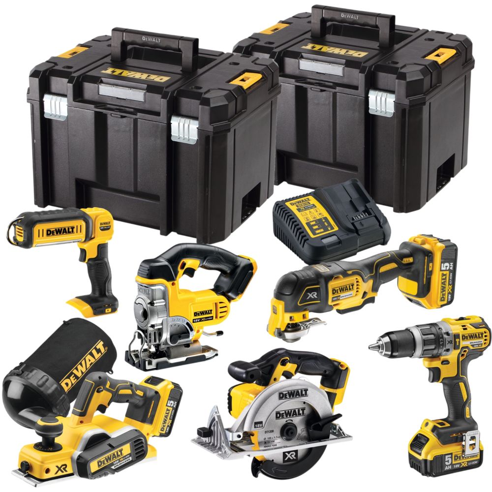 Аккумуляторный набор DEWALT DCK665P3T: дрель + пила + лобзик + рубанок + реноватор + фонарь, с 3 АКБ 5 Ач и ЗУ, в 2 кейсах TSTAK