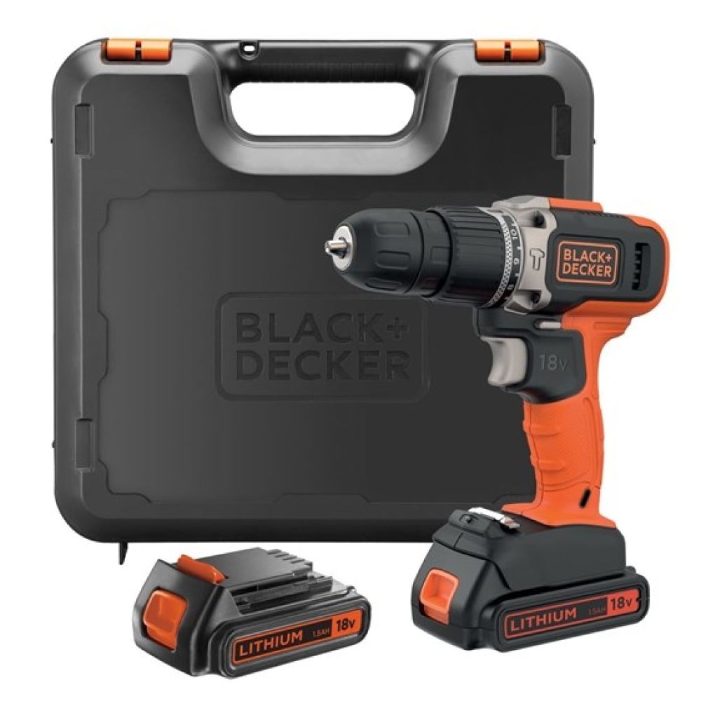 Аккумуляторная ударная дрель-шуруповерт BLACK+DECKER BCD003C2K, 18В, 1400 об/мин, 40 Нм, 2 Li-Ion аккумулятора 1.5Ач, зарядное устройство, кейс