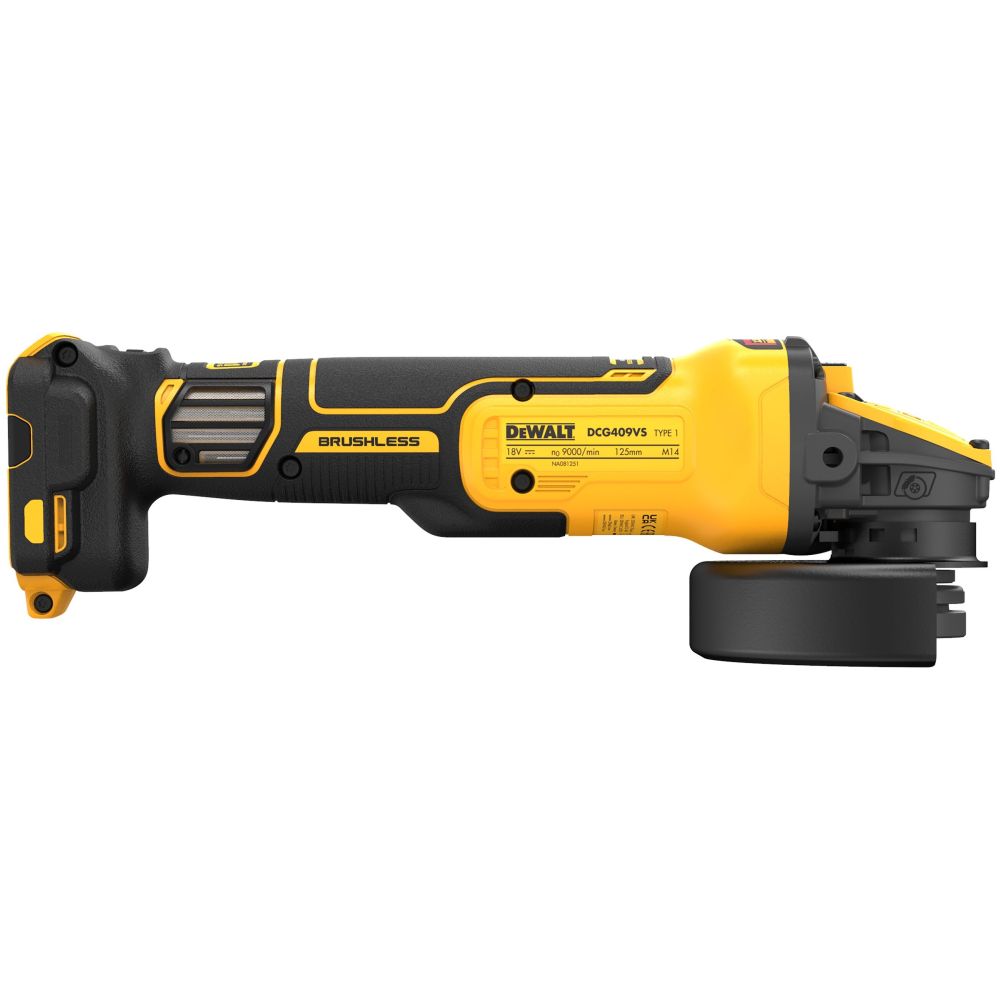Аккумуляторная угловая шлифмашина DEWALT DCG409VSNT, 18/54 В, 125 мм, 9000 об/мин, без АКБ и ЗУ, в кейсе TSTAK (DCG409VSNT-XJ)