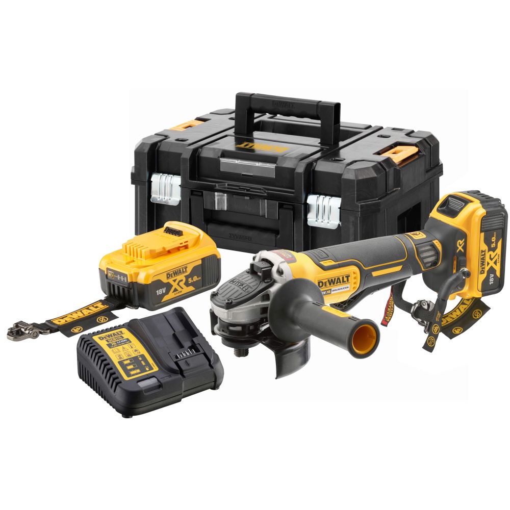 Аккумуляторная угловая шлифмашина DEWALT DCG406P2LRT, 18 В, 125 мм, 9000 об/мин, с 2 АКБ 5 Ач и ЗУ, в кейсе TSTAK (DCG406P2LRT-QW)