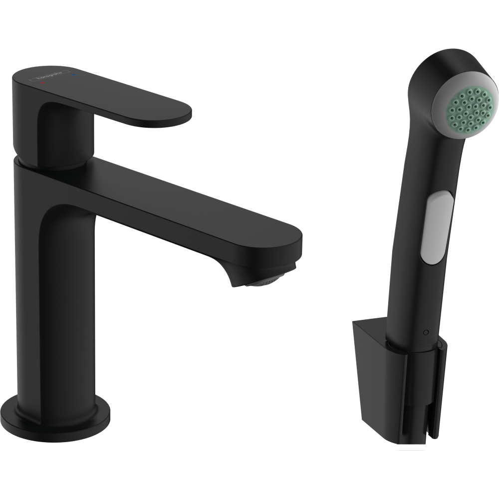 Смеситель для раковины hansgrohe Rebris S 110 без сливного гарнитура, с гигиеническим душем 72215670, матовый черный