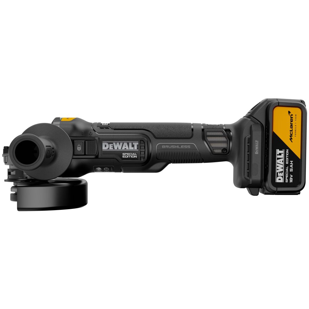 Угловая шлифмашина DEWALT McLaren Limited Edition DCG45MP2T, 18 В, 125 мм, 9000 об/мин, с 2 АКБ 5 Ач и ЗУ, в кейсе TSTAK
