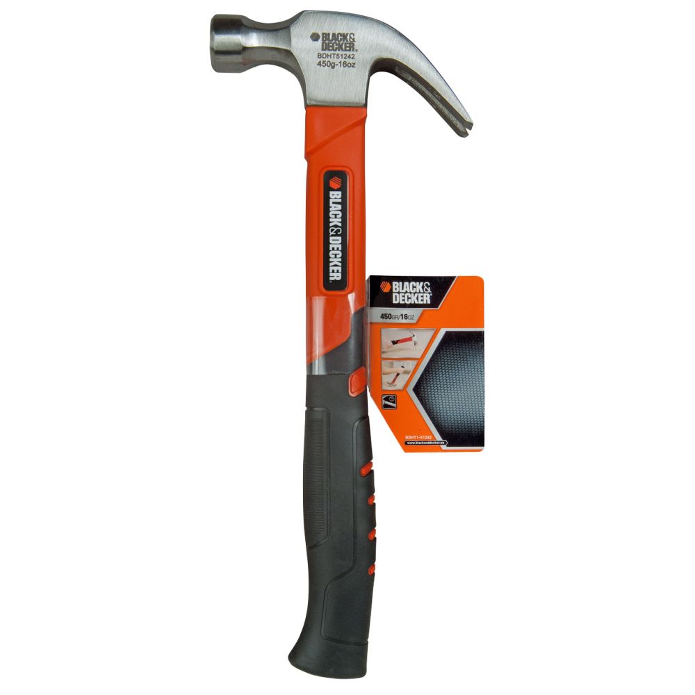 Молоток fiberglass с гвоздодером BLACK+DECKER, 450г.