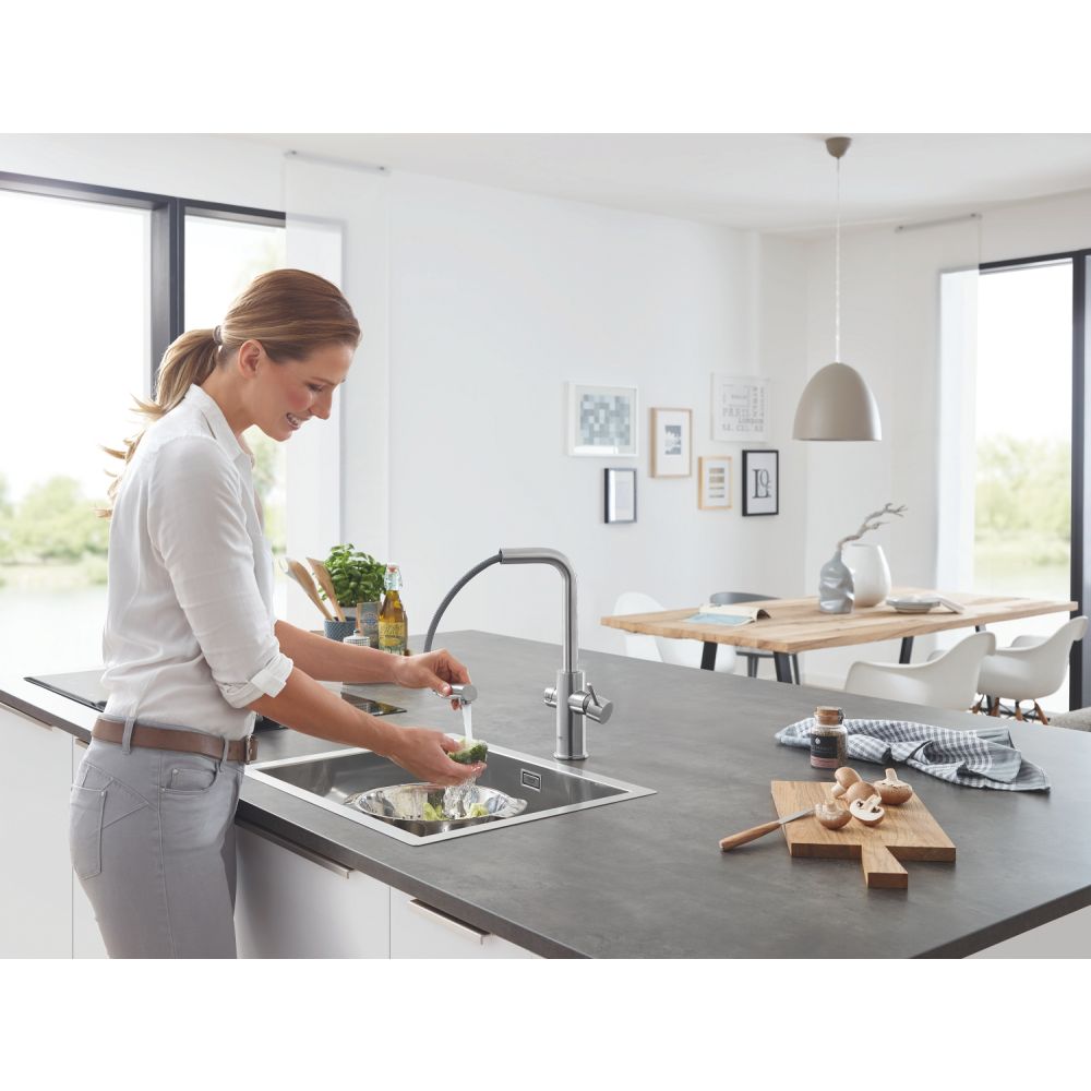 Смеситель для кухонной мойки GROHE Blue Home с системой фильтрации, охлаждения и газирования воды, Wi-Fi, суперсталь (31539DC0)