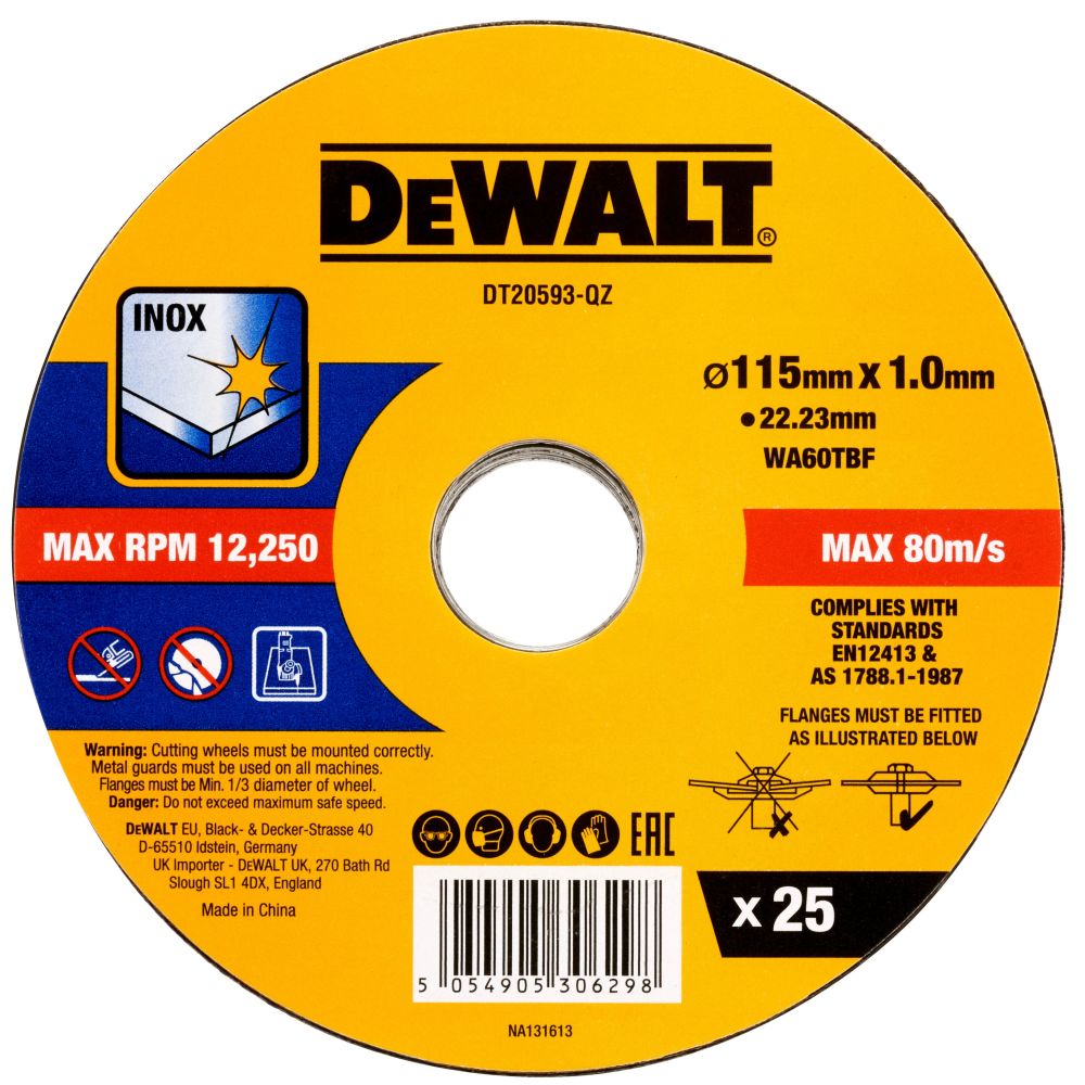 Диск отрезной DEWALT DT20593, по металлу, 115х22.23х1 мм, 25 шт. (DT20593-QZ)