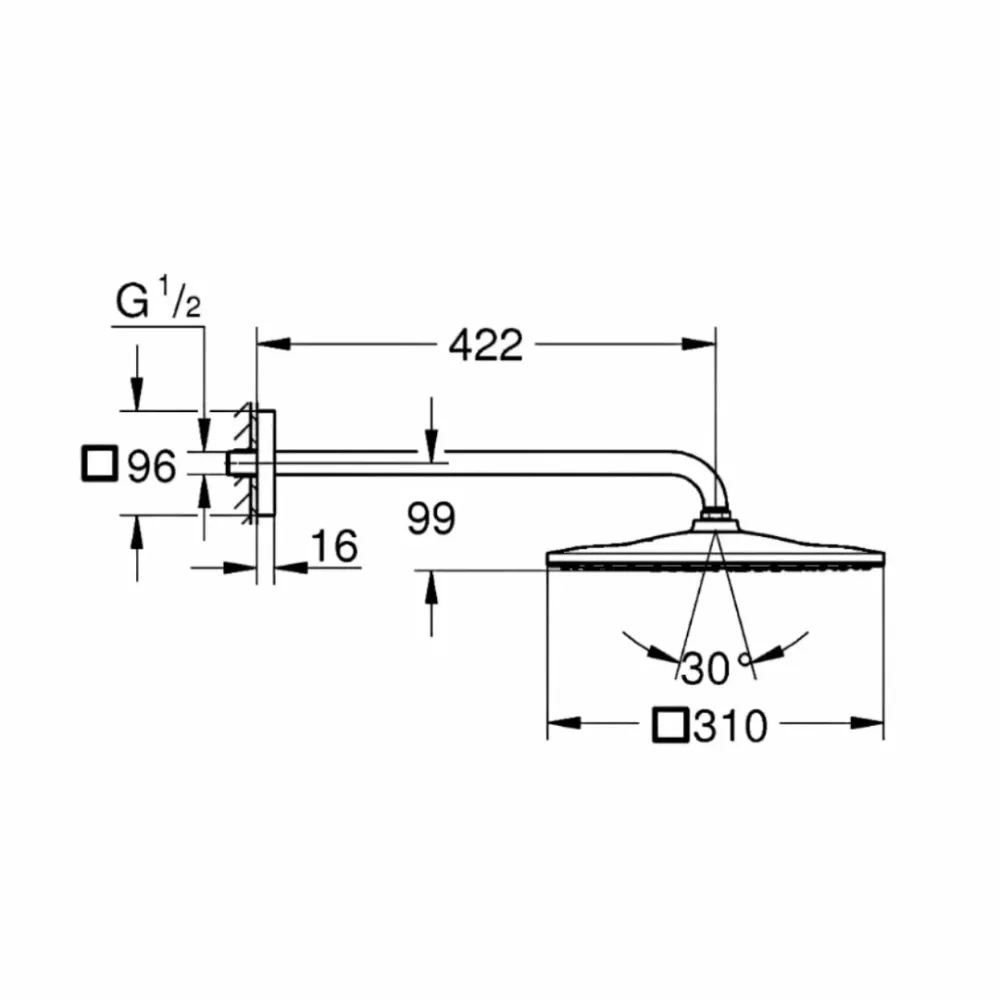 Верхний душ GROHE Rainshower 310 Mono с душевым кронштейном, 1 режим, 422 мм, хром (26563000)