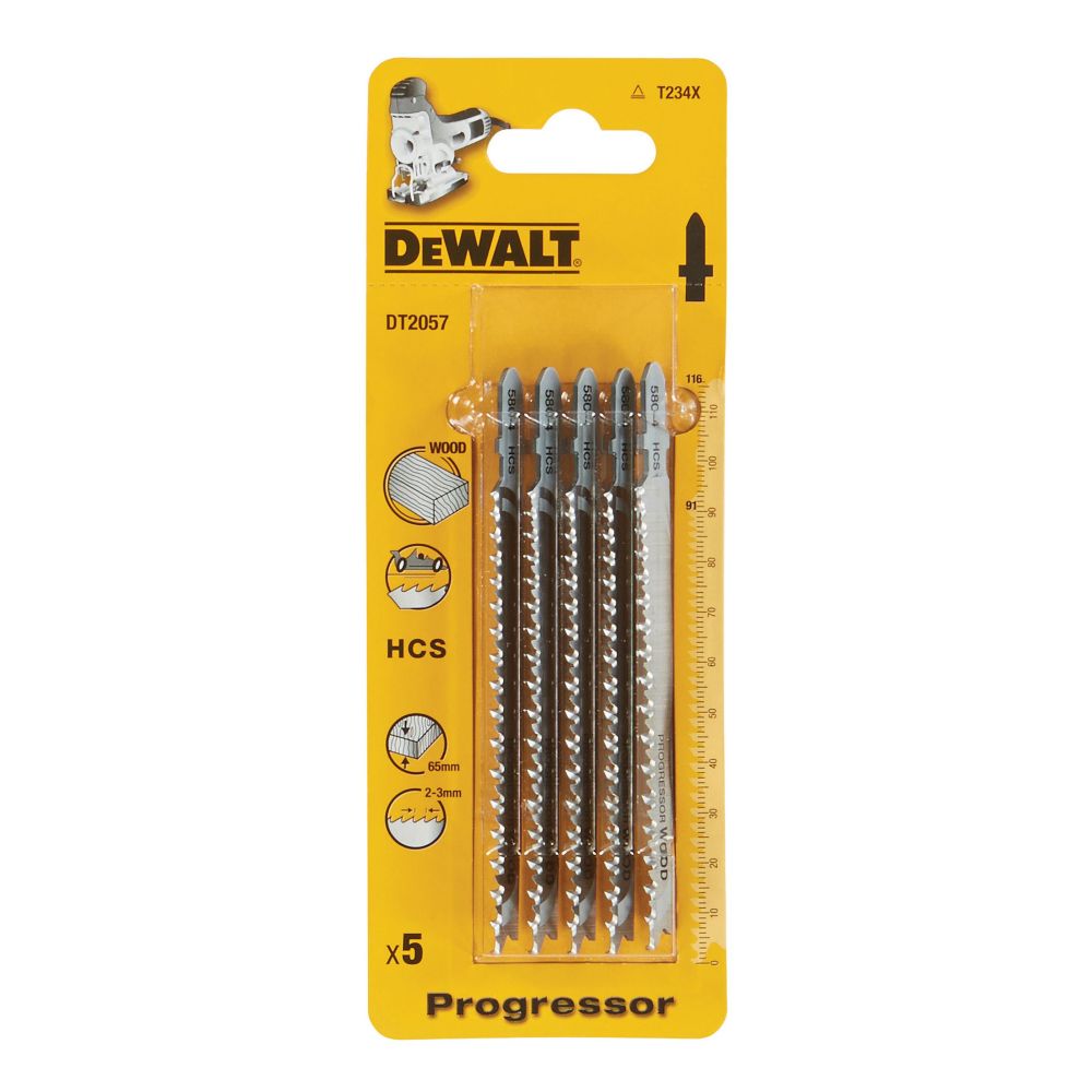 Пилка для лобзика DEWALT DT2057, по дереву из высокоуглеродистой стали, HCS, 116 x 91 x 2-3 x 65 мм, T234X, 5 шт.