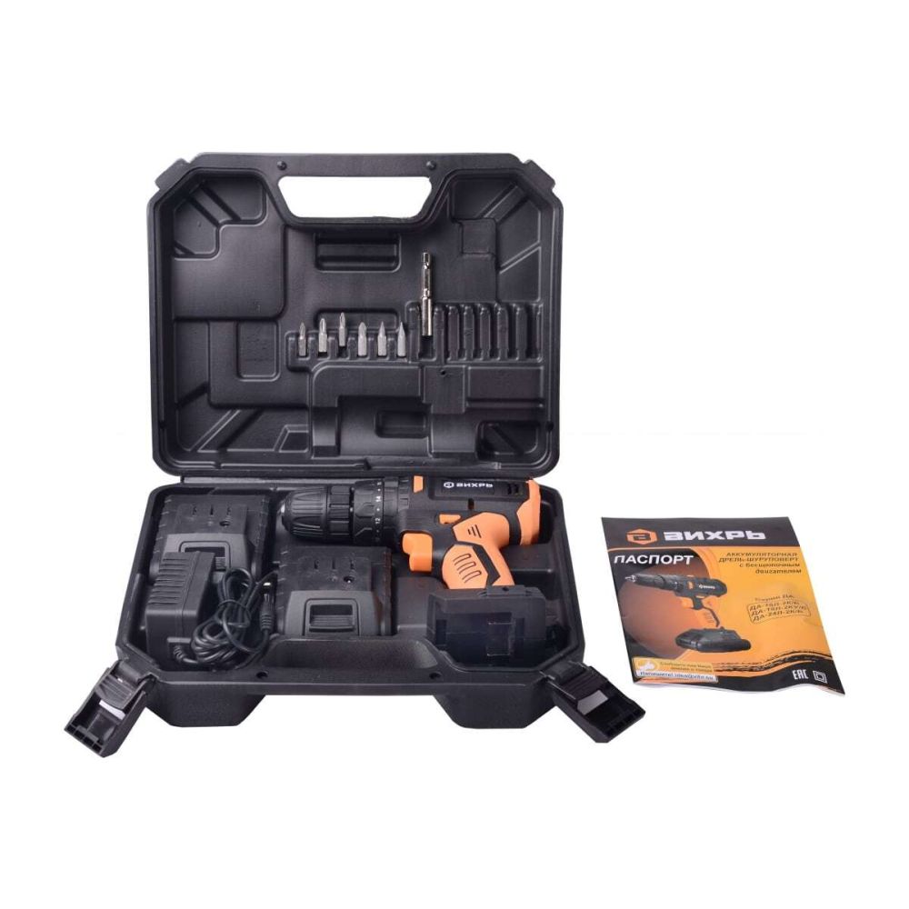 Бесщеточная аккумуляторная дрель-шуруповерт Вихрь ДА-18Л-2КУ/Б, 18 В, 1400 об/мин, с 2 АКБ 2 Ач и ЗУ, в кейсе, 72/14/23