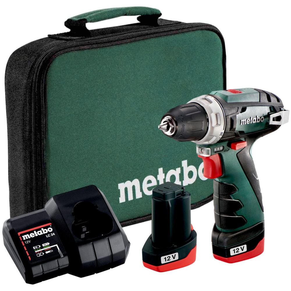 Аккумуляторная дрель-шуруповерт Metabo PowerMaxx BS, 12 В, 1400 об/мин, с 2 АКБ 2 Ач и ЗУ, в сумке (600079550)