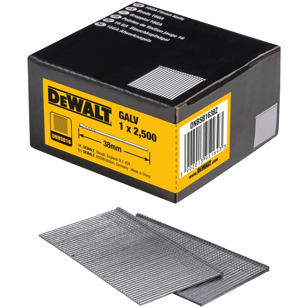 Гвозди DEWALT DNBSB1638Z, для нейлера, оцинкованные, 16GA, 38x1.6 мм, 12500 шт. (DNBSB1638Z-5)