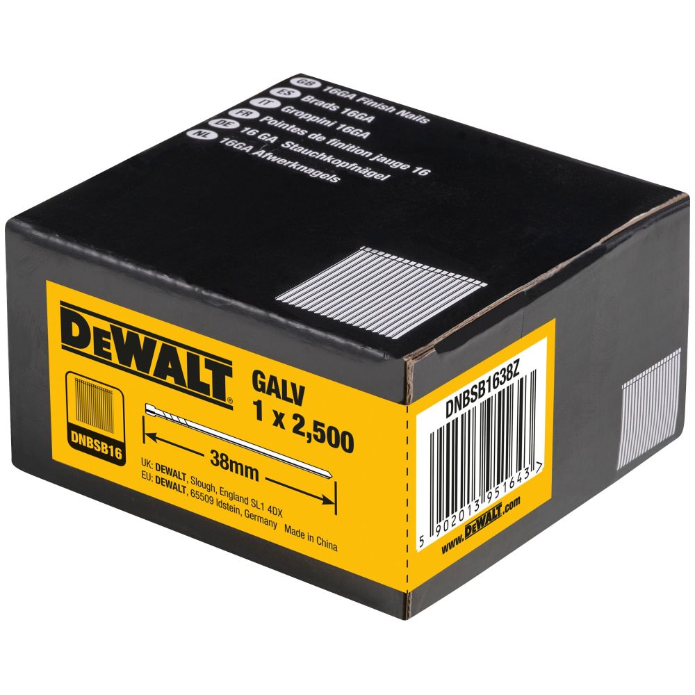 Гвозди DEWALT DNBSB1638Z, для нейлера, оцинкованные, 16GA, 38x1.6 мм, 12500 шт. (DNBSB1638Z-5)