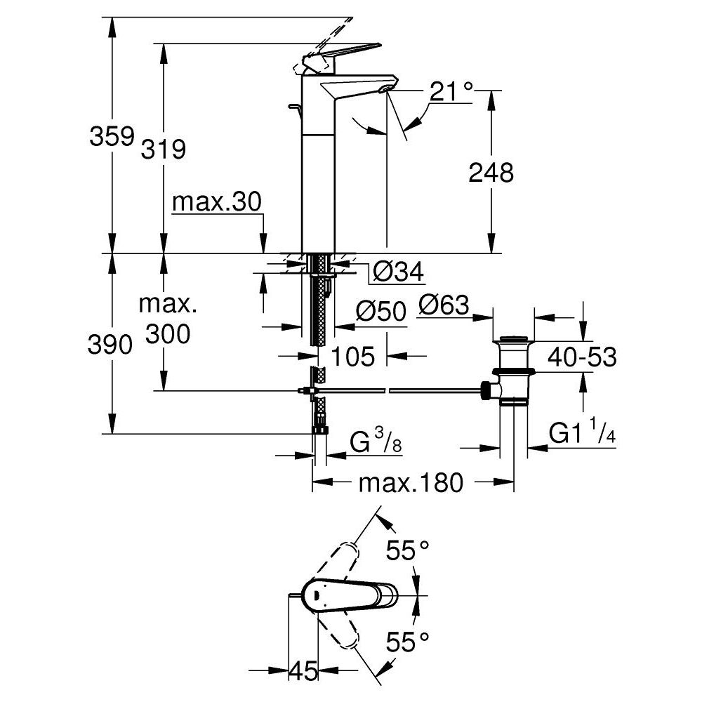 Смеситель для раковины GROHE Eurodisc Cosmopolitan с донным клапаном, XL-size, хром (23055002)