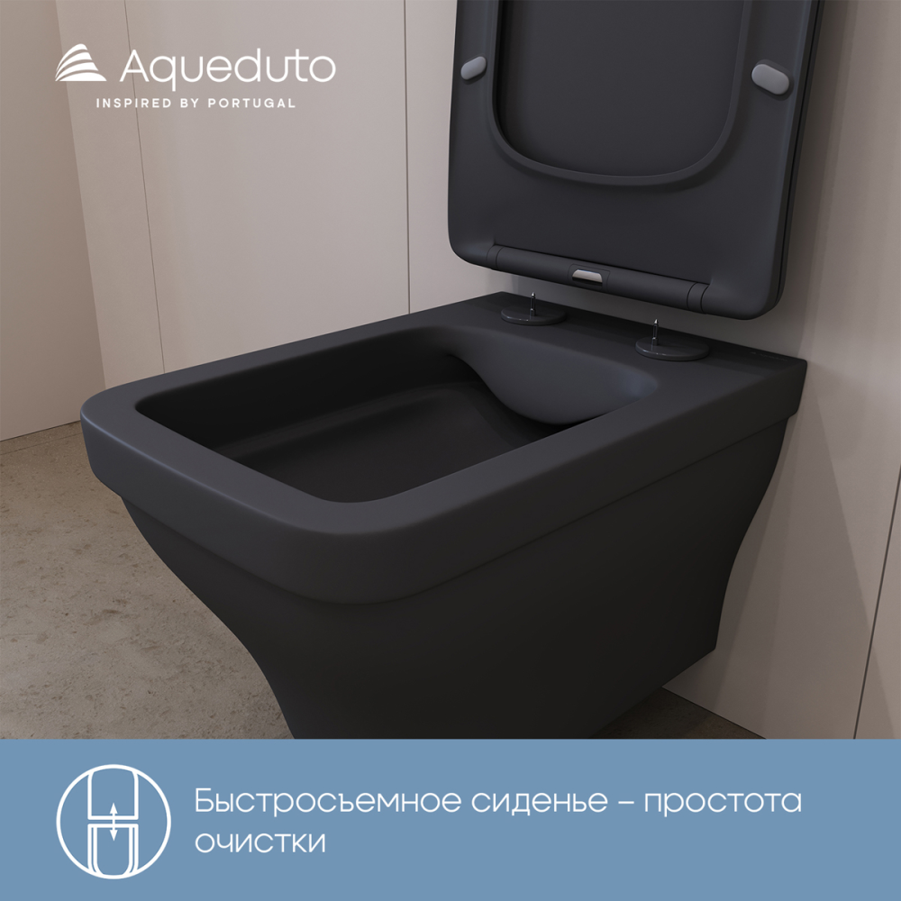 Унитаз подвесной Aqueduto ESTETA 520*370 безободковый, сиденье с микролифтом, черный матовый (EST0140)