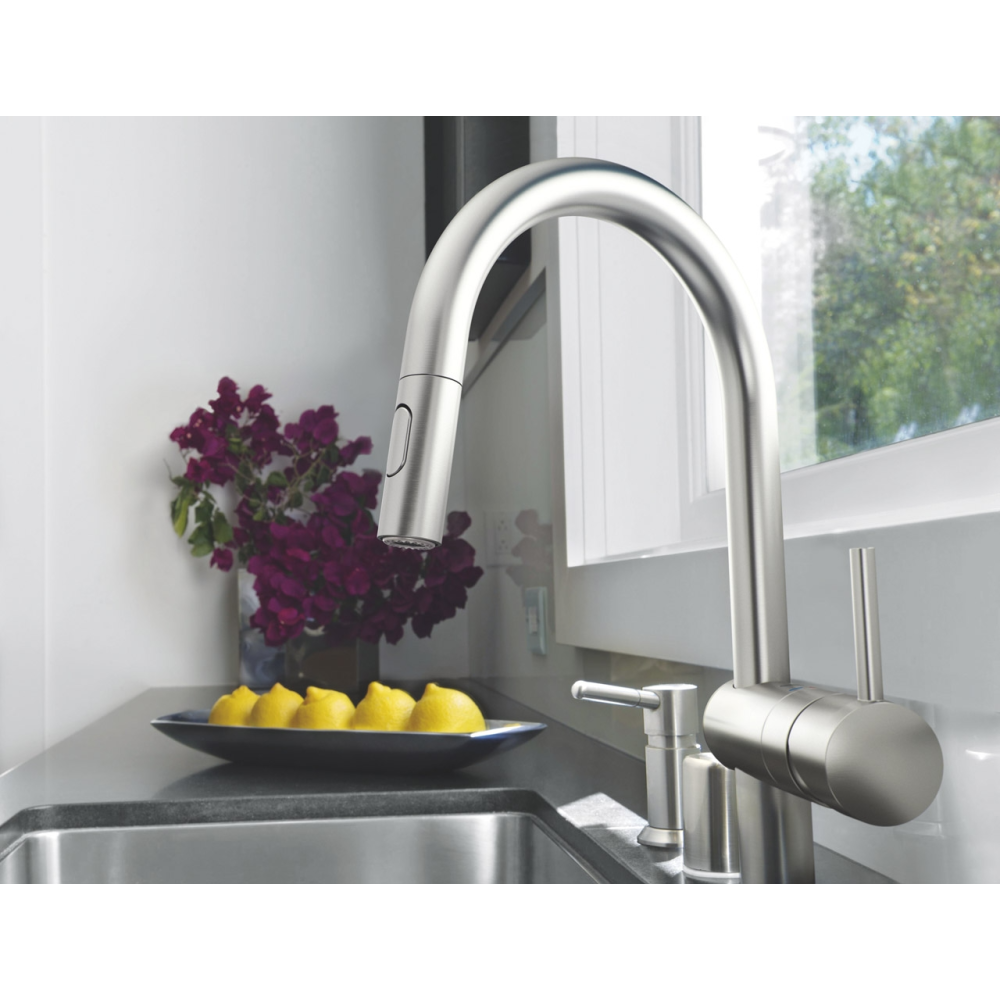 Смеситель для кухни GROHE Minta с вытяжным душем, C-образный излив, суперсталь (32321DC2)