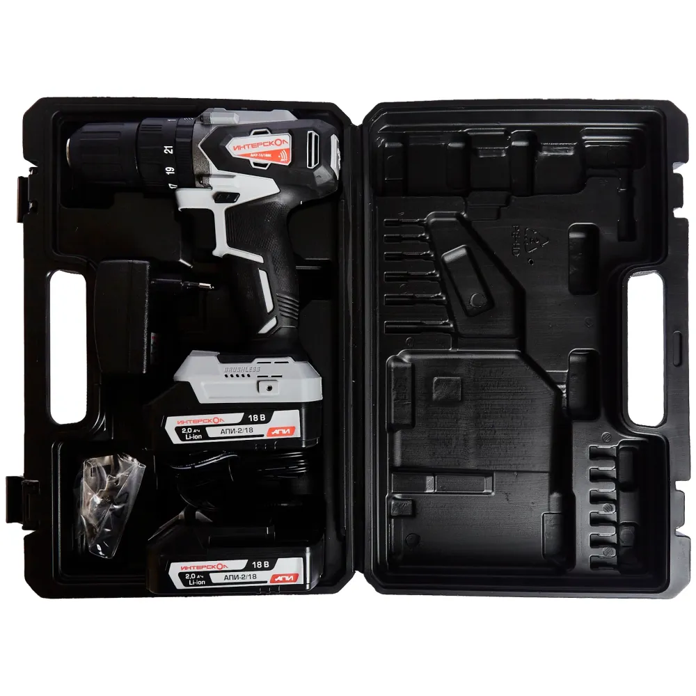 Дрель-шуруповерт ИНТЕРСКОЛ ДАУ-13/18ВК 45, 18 В, 1700 об/мин, 25500 уд/мин, с 2 АКБ 2 Ач и ЗУ, в кейсе (573.2.2.70)