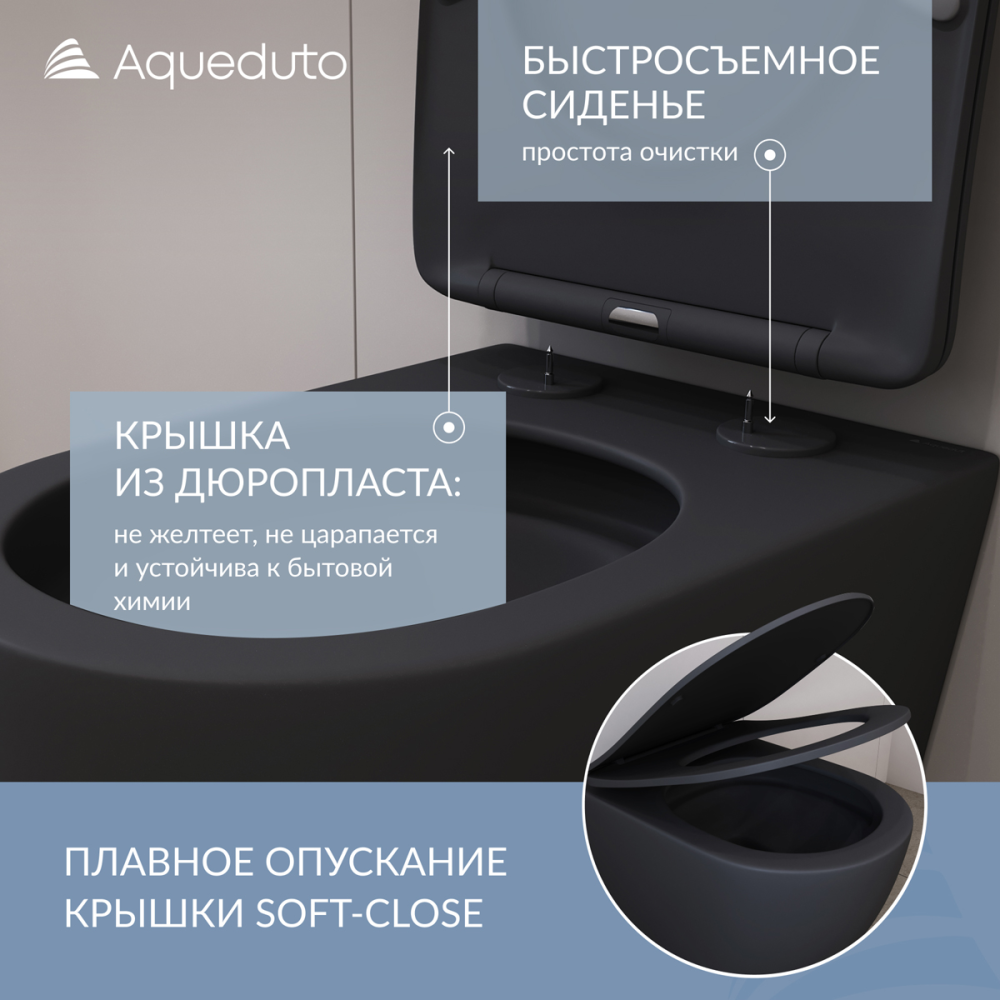 Унитаз подвесной Aqueduto OVO Plus 520*365 безободковый, сиденье с микролифтом, черный матовый (OVOT0240)