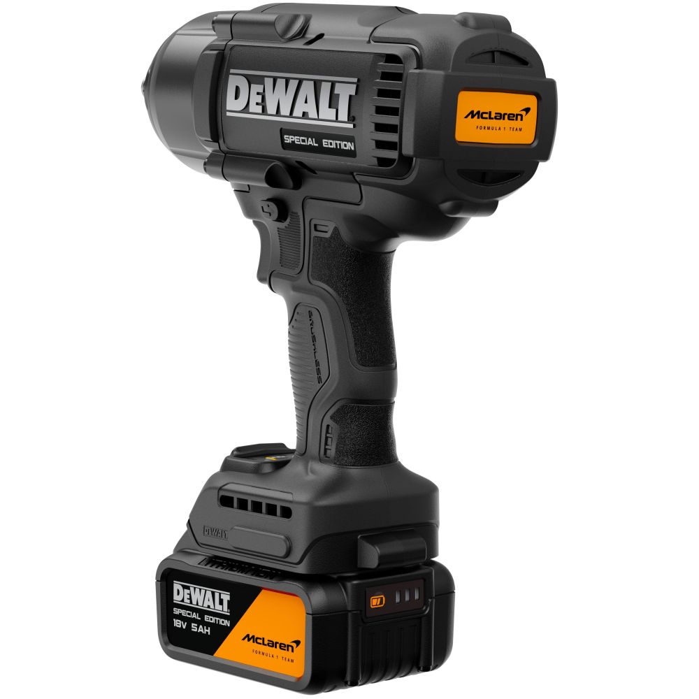 Аккумуляторный набор DEWALT McLaren Limited Edition DCK3222MP2T, 18 В: дрель + гайковерт + УШМ, с 2 АКБ 5 Ач и ЗУ, в кейсе TSTAK