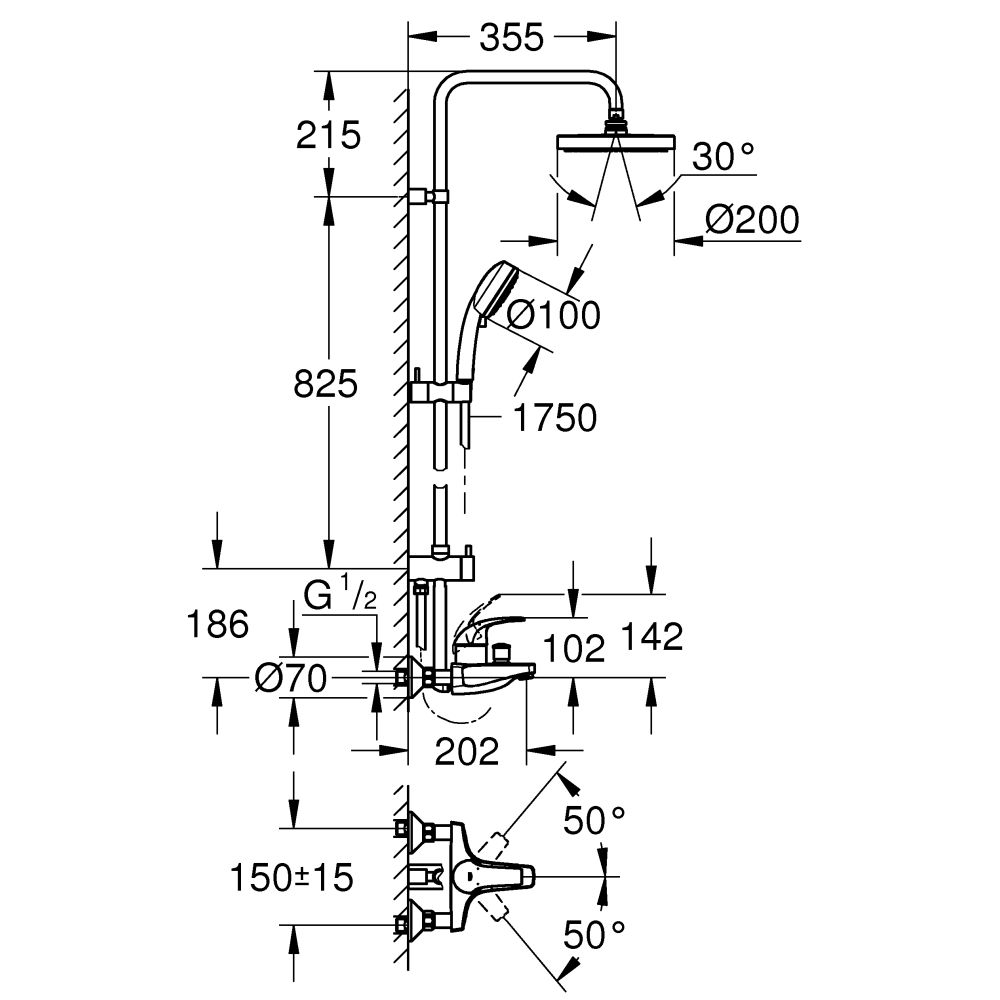 Душевая система GROHE Tempesta Cosmopolitan System 200 со смесителем для ванны, хром (26305001)