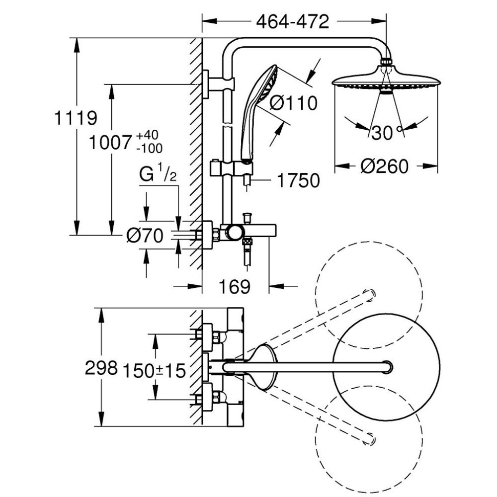 Душевая система GROHE Euphoria System 260 с термостатом для ванны, хром (26114002)