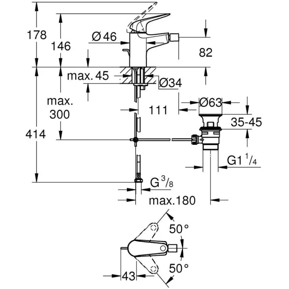 Смеситель для биде GROHE Euroeco с донным клапаном, хром (23263001)