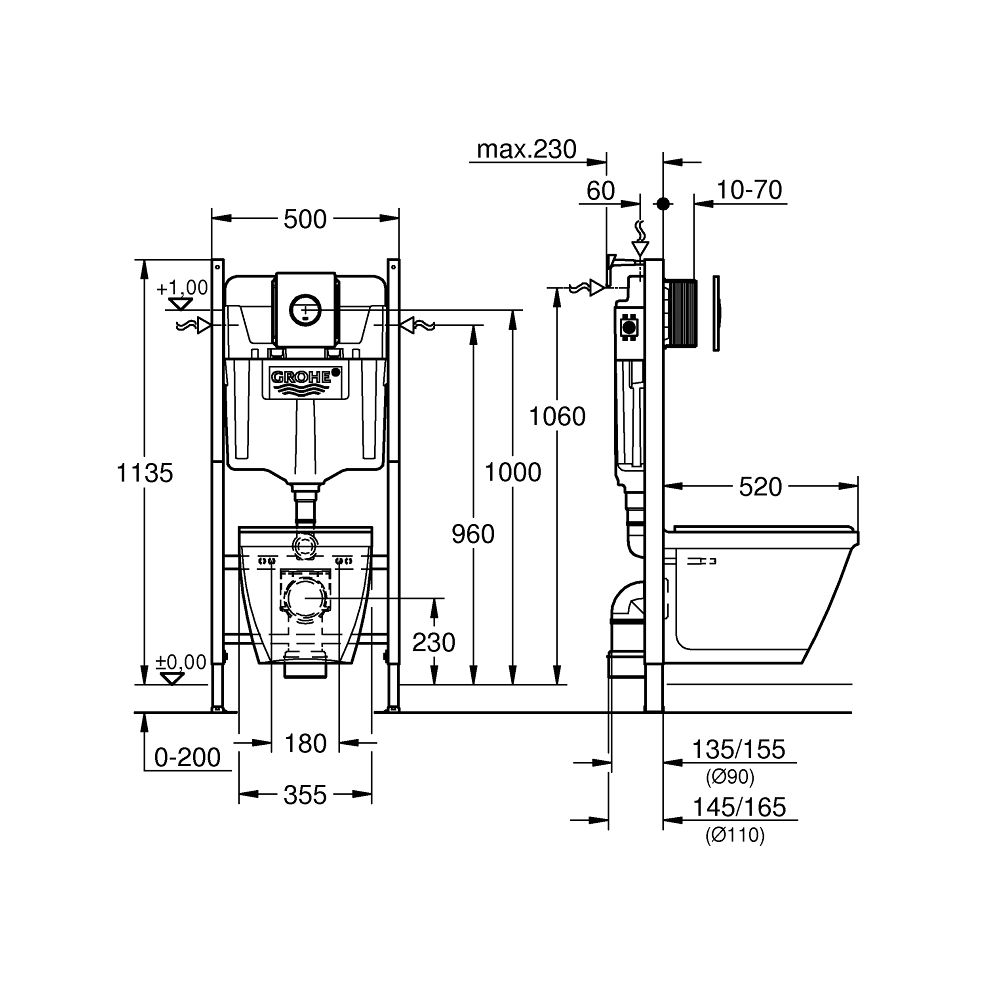 Комплект инсталляции GROHE Solido Compact, набор 4 в 1 с подвесным унитазом Lecico Serel и сиденьем (38950000)