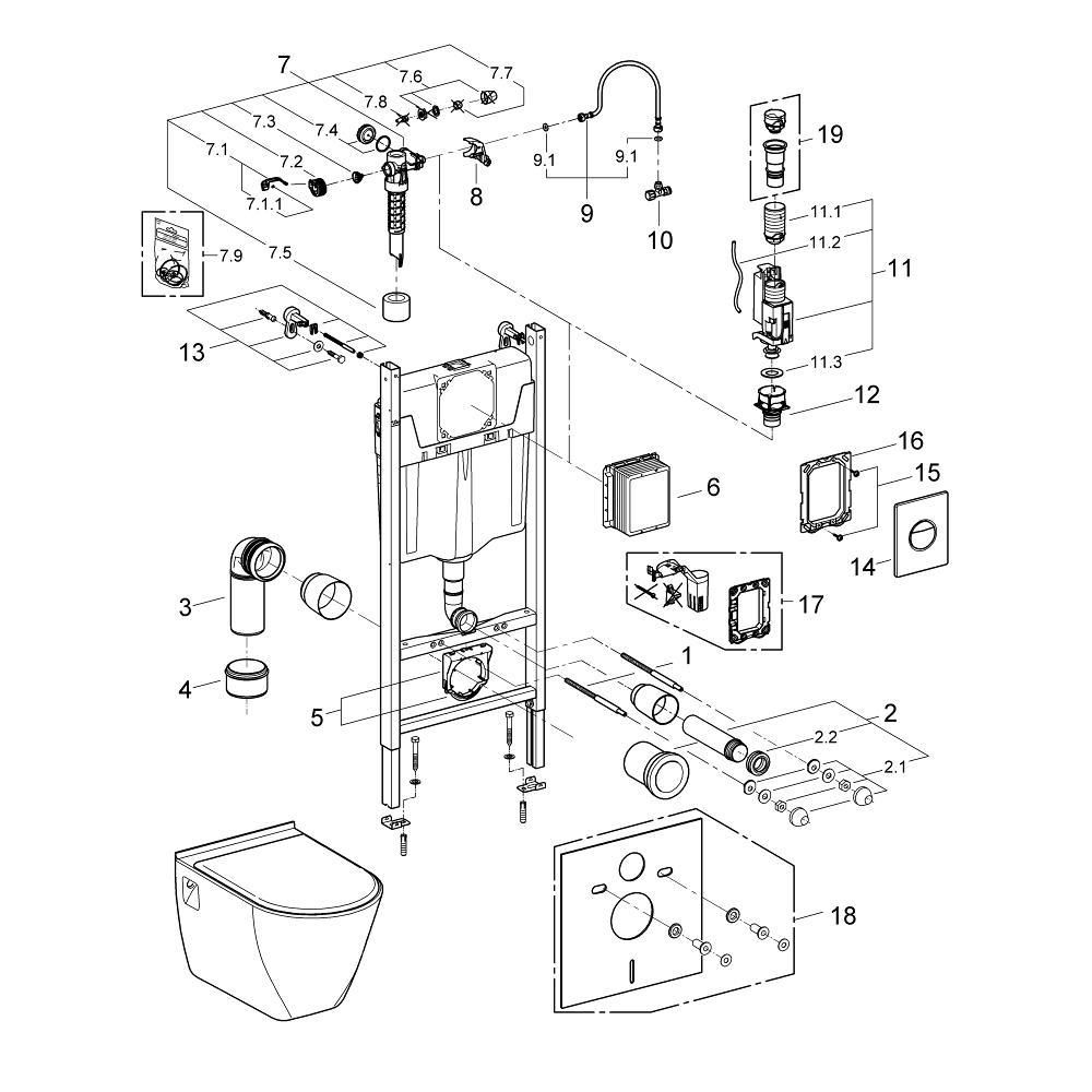 Комплект инсталляции GROHE Solido Compact, набор 4 в 1 с подвесным унитазом Lecico Serel и сиденьем (38950000)