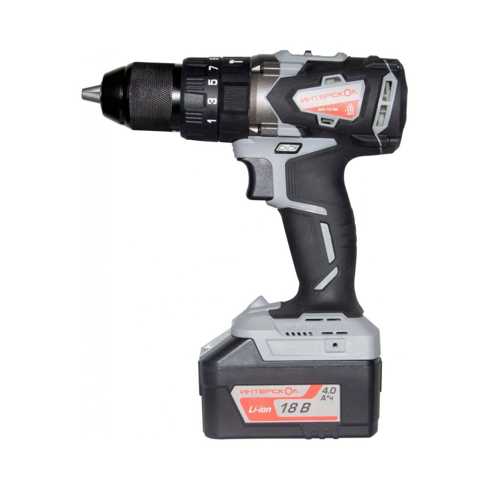 Аккумуляторная ударная дрель-шуруповерт ИНТЕРСКОЛ ДАУ-13/18В 60, 18 В, 2000 об/мин, 30000 уд/мин, с АКБ 4 Ач и ЗУ (574.4.1.70)