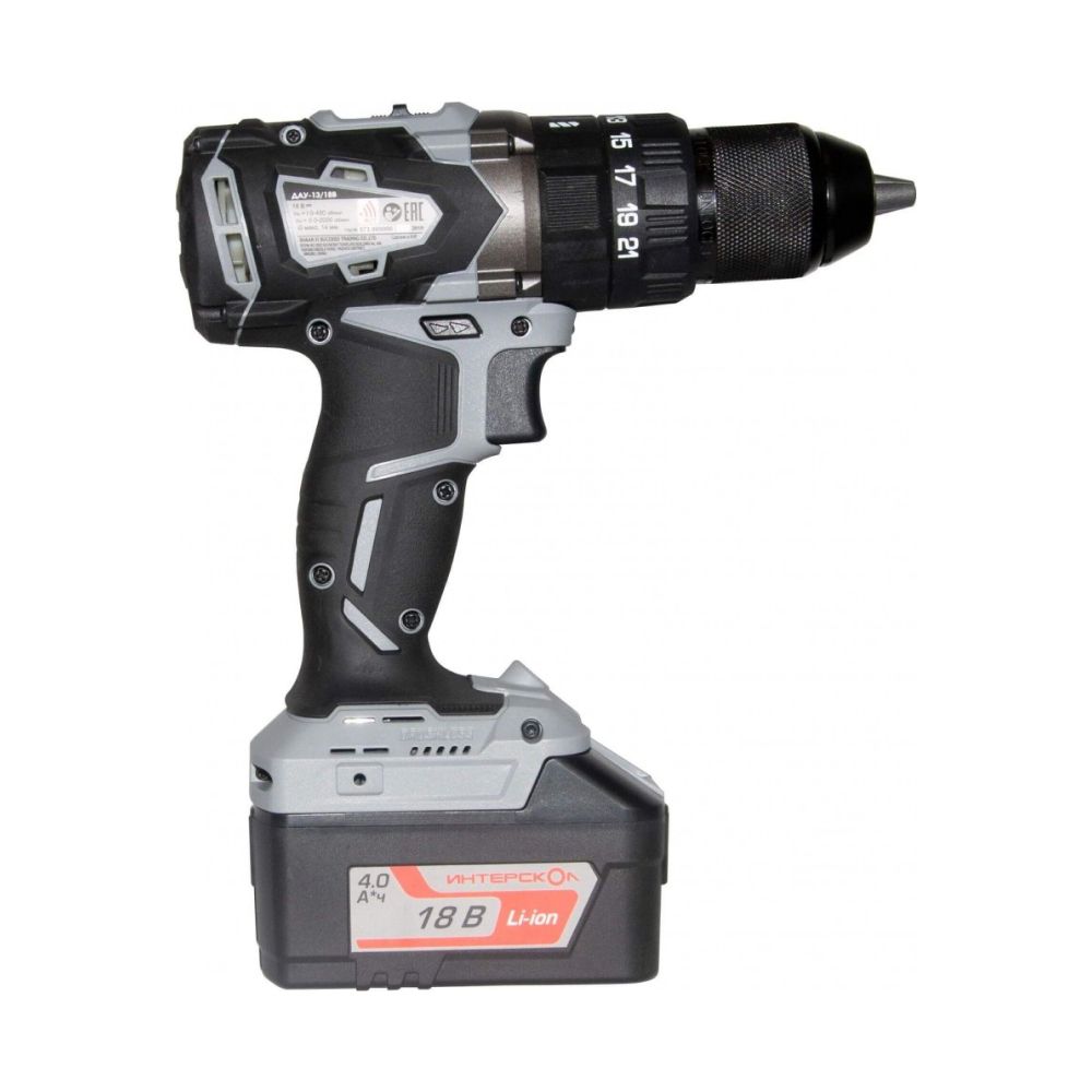 Аккумуляторная ударная дрель-шуруповерт ИНТЕРСКОЛ ДАУ-13/18В 60, 18 В, 2000 об/мин, 30000 уд/мин, с АКБ 4 Ач и ЗУ (574.4.1.70)