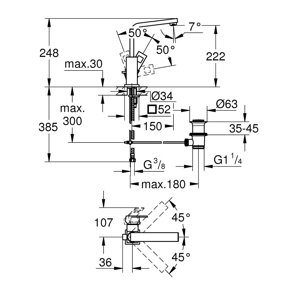 Смеситель для раковины GROHE Eurocube с донным клапаном и высоким изливом, темный графит матовый (23135AL0)
