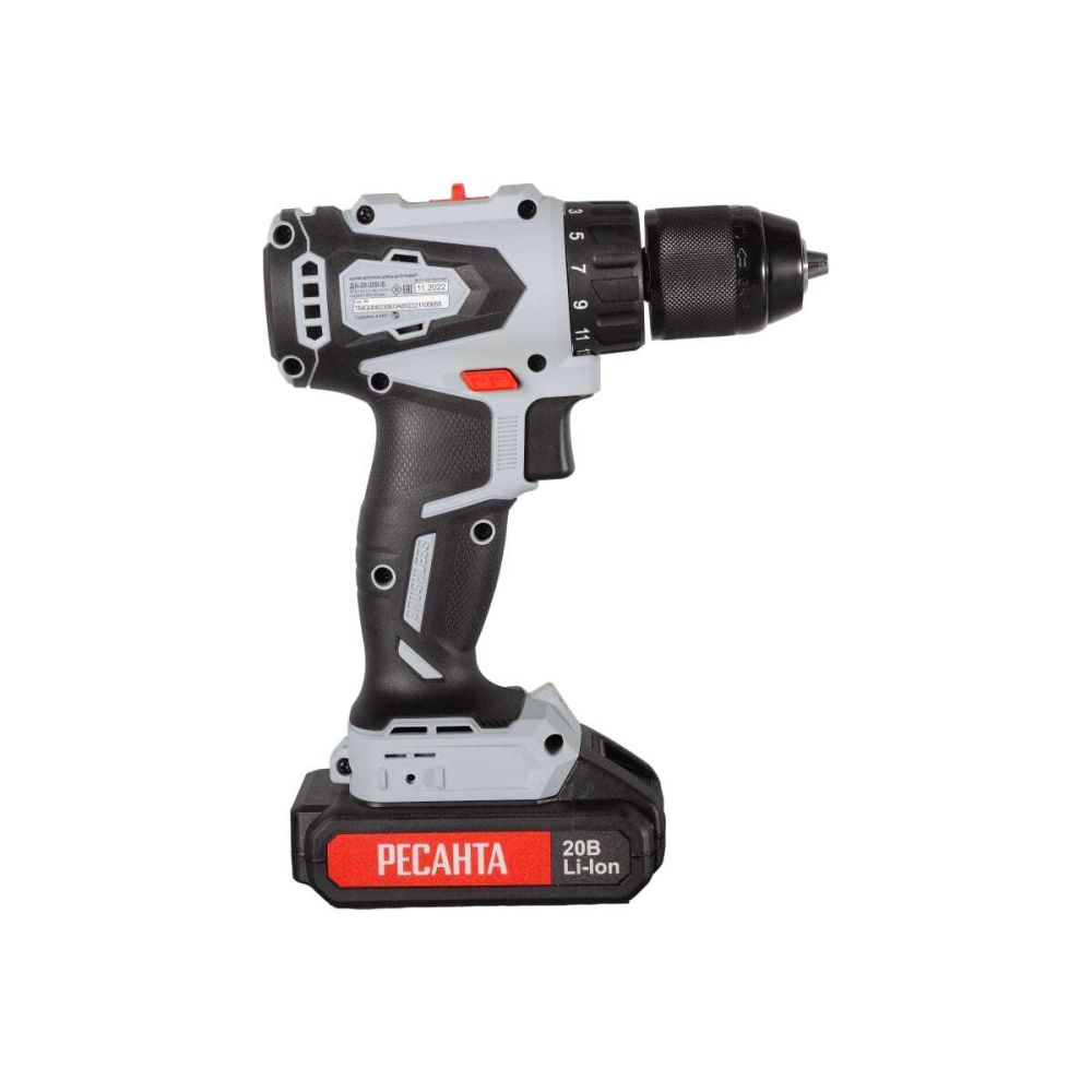 Бесщеточная аккумуляторная дрель-шуруповерт Ресанта ДА-20-2ЛК-Б, 20 В, 1400 об/мин, 55 Нм, с 2 АКБ 2 Ач и ЗУ, в кейсе, 75/14/10