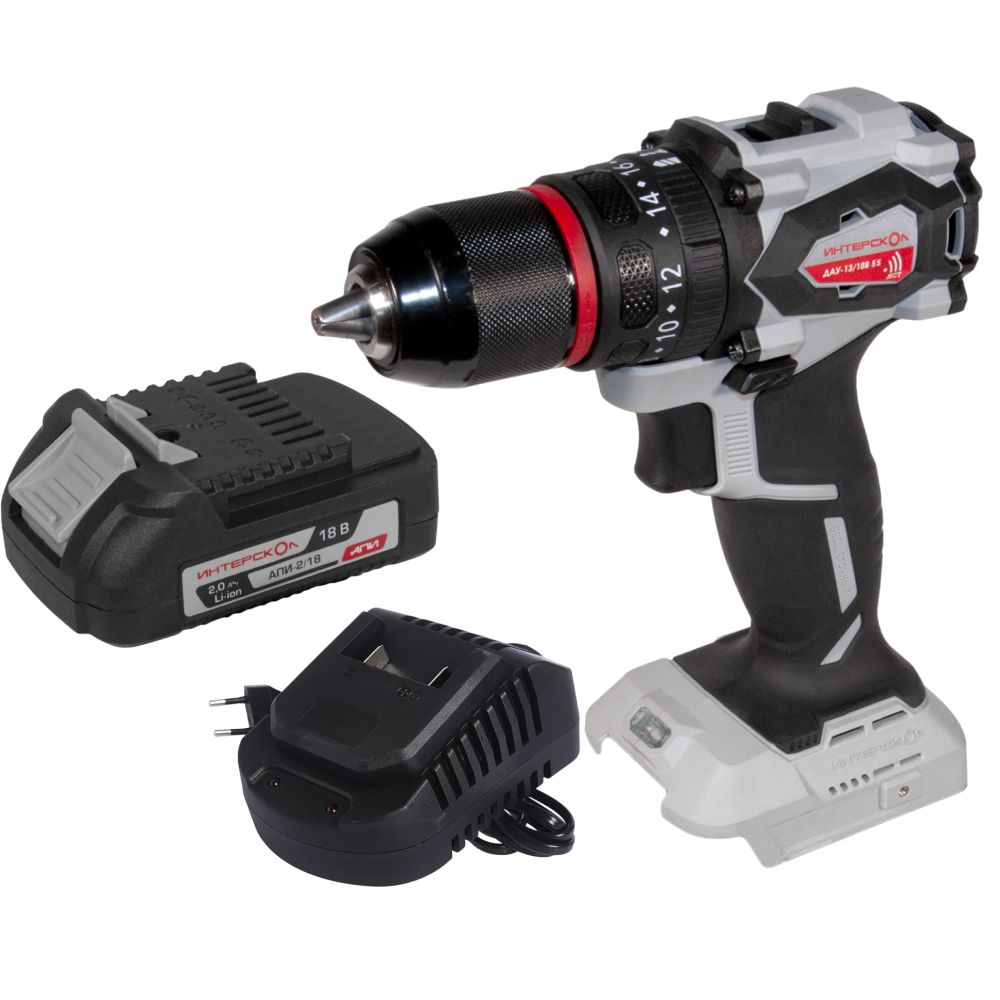 Дрель-шуруповерт ИНТЕРСКОЛ ДАУ-13/18В 55, 18 В, 1850 об/мин, 27750 уд/мин, с АКБ 2 Ач и ЗУ (953.0.0.70-B2C)