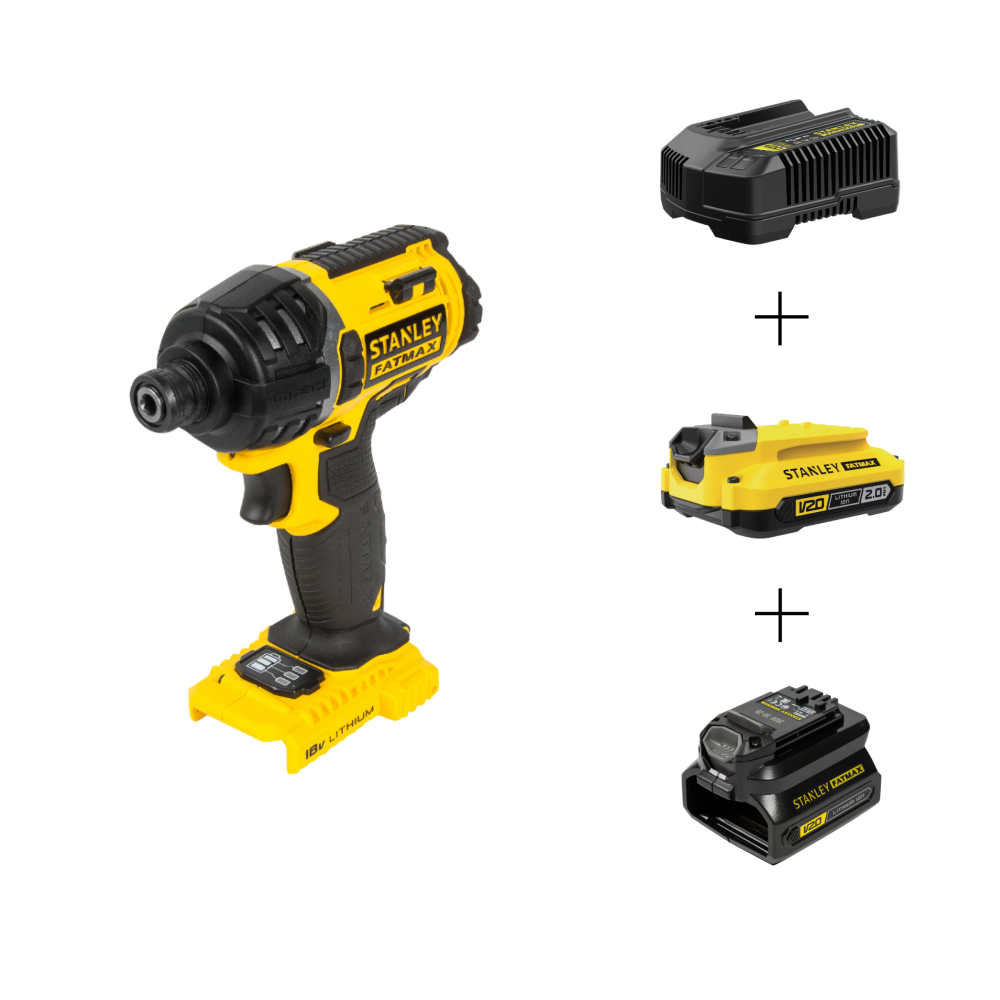 Набор: Аккумуляторный импульсный шуруповерт Stanley Fatmax FMC645B + Аккумулятор SB202 + Зарядное устройство SC200 + Адаптер для аккумуляторов SFMCB100