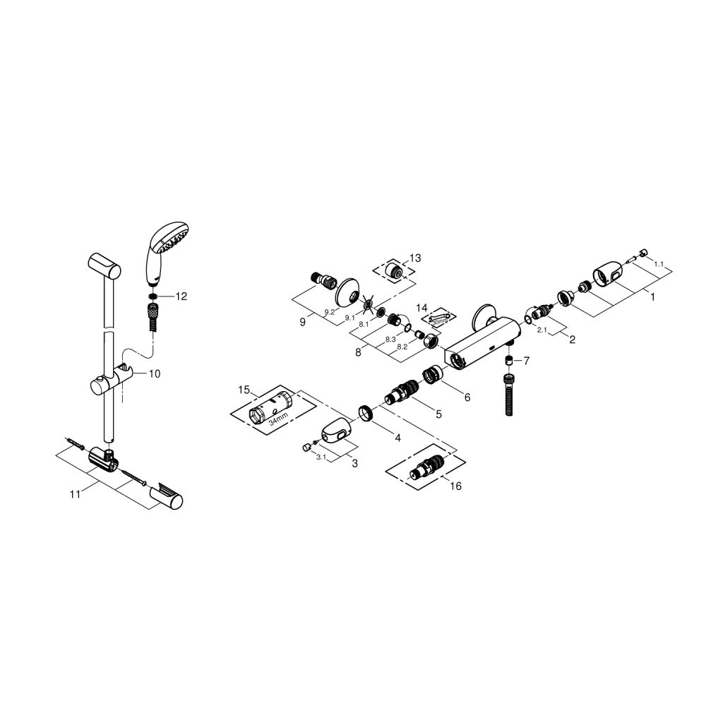 Термостат для душа GROHE Grohtherm 1000 с душевым гарнитуром, хром (34820004)