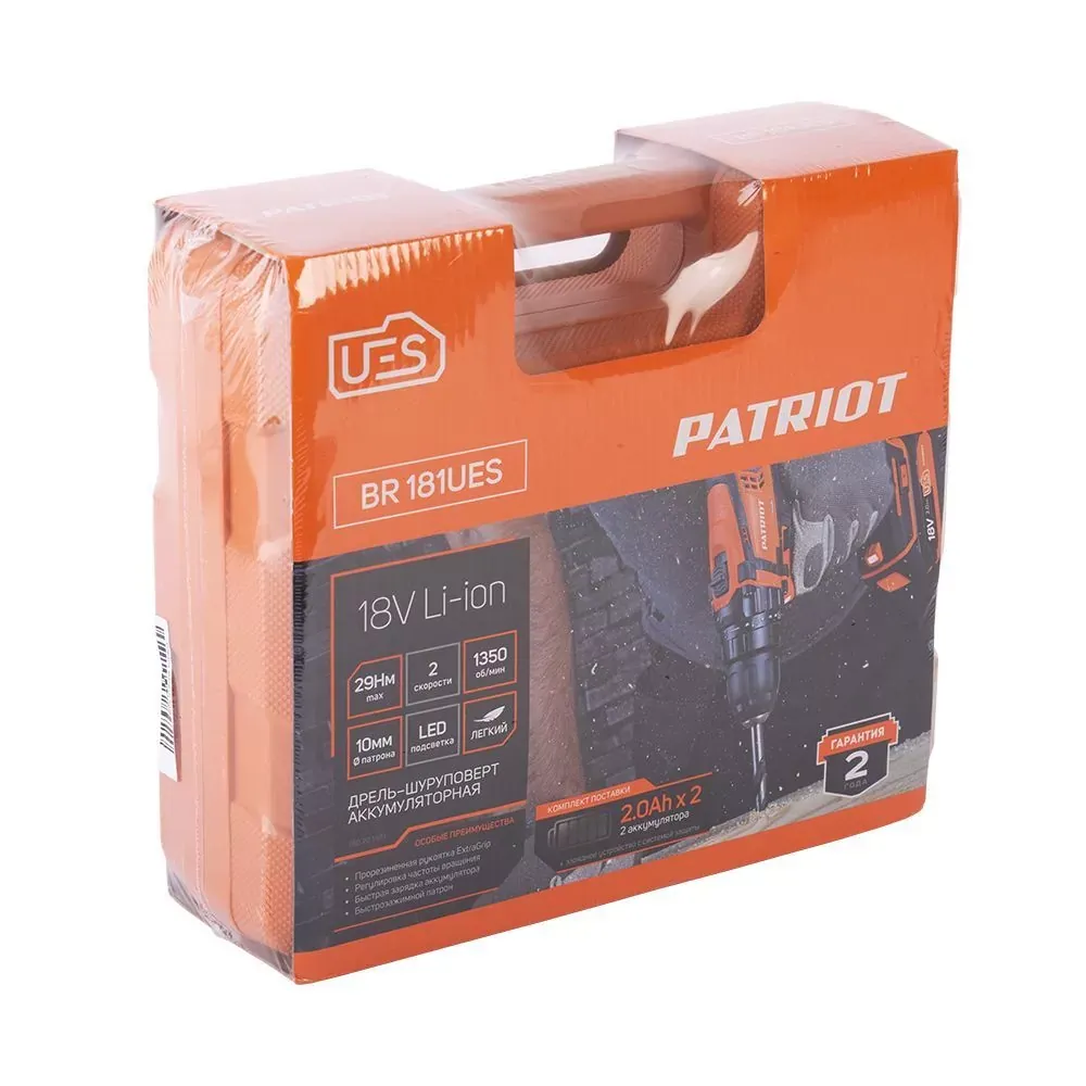 Аккумуляторная дрель-шуруповерт PATRIOT BR 181UES, 18 В, 1350 об/мин, 29 Нм, с 2 АКБ 2 Ач и ЗУ, 180201481