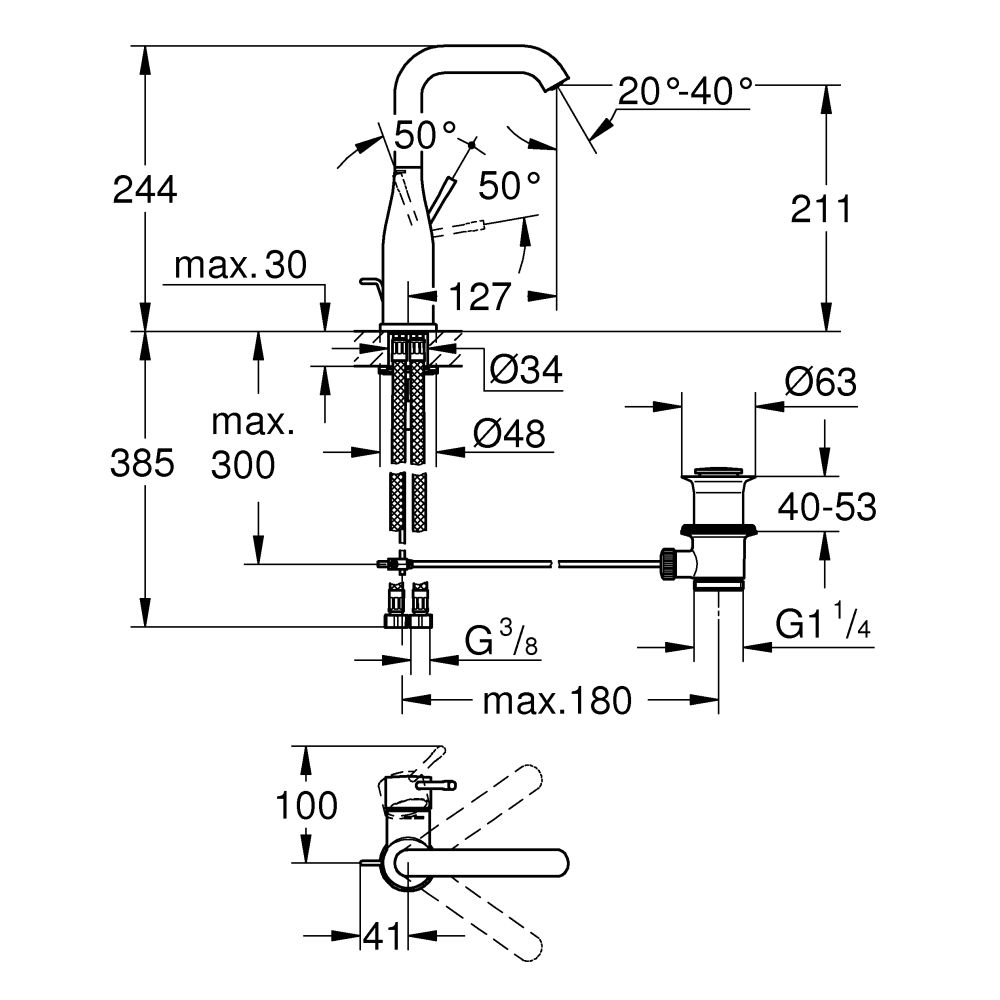 Смеситель для раковины GROHE Essence с донным клапаном, L-Size, суперсталь (32628DC1)