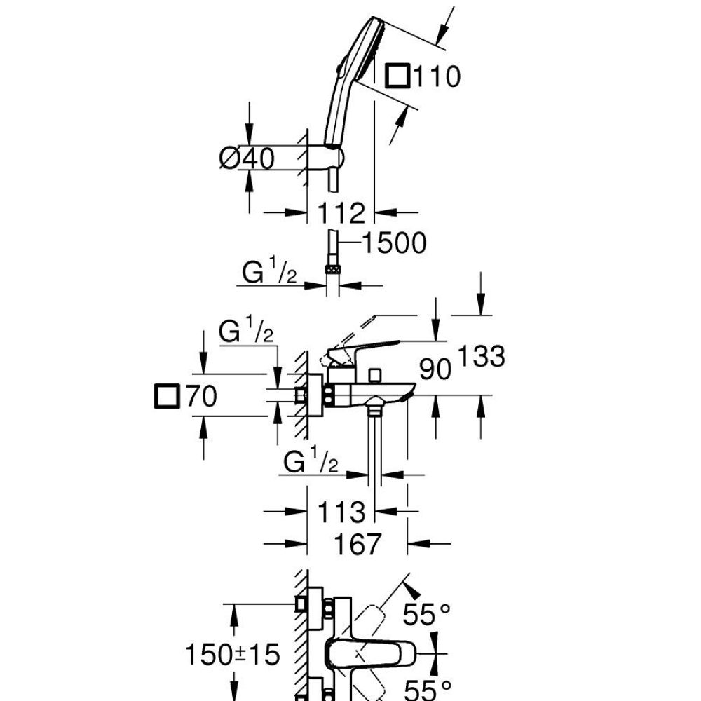 Смеситель для ванны GROHE Cubeo с душевым гарнитуром, черный матовый (1018142430)