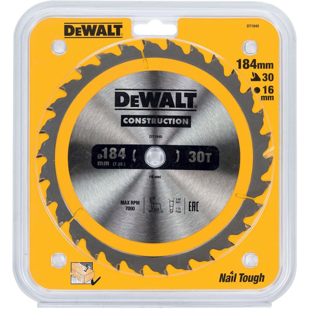 Пильный диск DEWALT CONSTRUCTION DT1940, 184/16 мм.