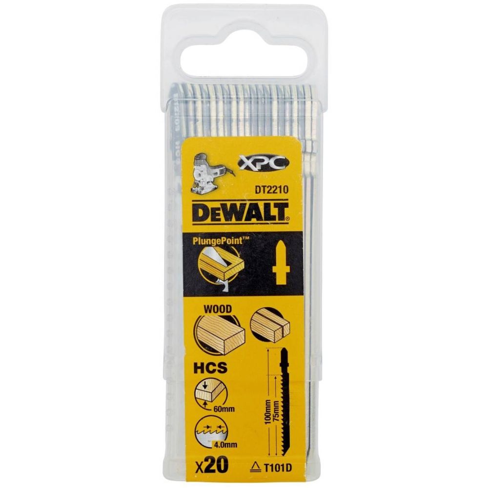 Пилка для лобзика по дереву DEWALT EXTREME PRECISION CUT DT2210, из высокоуглеродистой стали, HCS, 100 x 75 x 4.2 x 60 мм, T101D, 20 шт.
