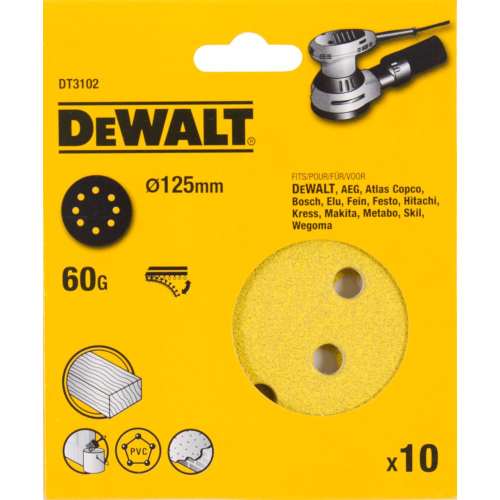 Шлифовальные круги DEWALT DT3102, 125 мм, 8 отверстий, 60G, 10 шт.