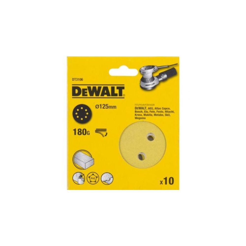 Шлифовальные круги DEWALT DT3106, 125 мм, 8 отверстий, 180G, 10 шт.