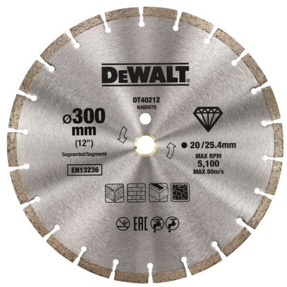 Алмазный круг сегментный универсальный DEWALT DT40212, 300 x 25.4, (кольцо 20 мм, в комплекте)
