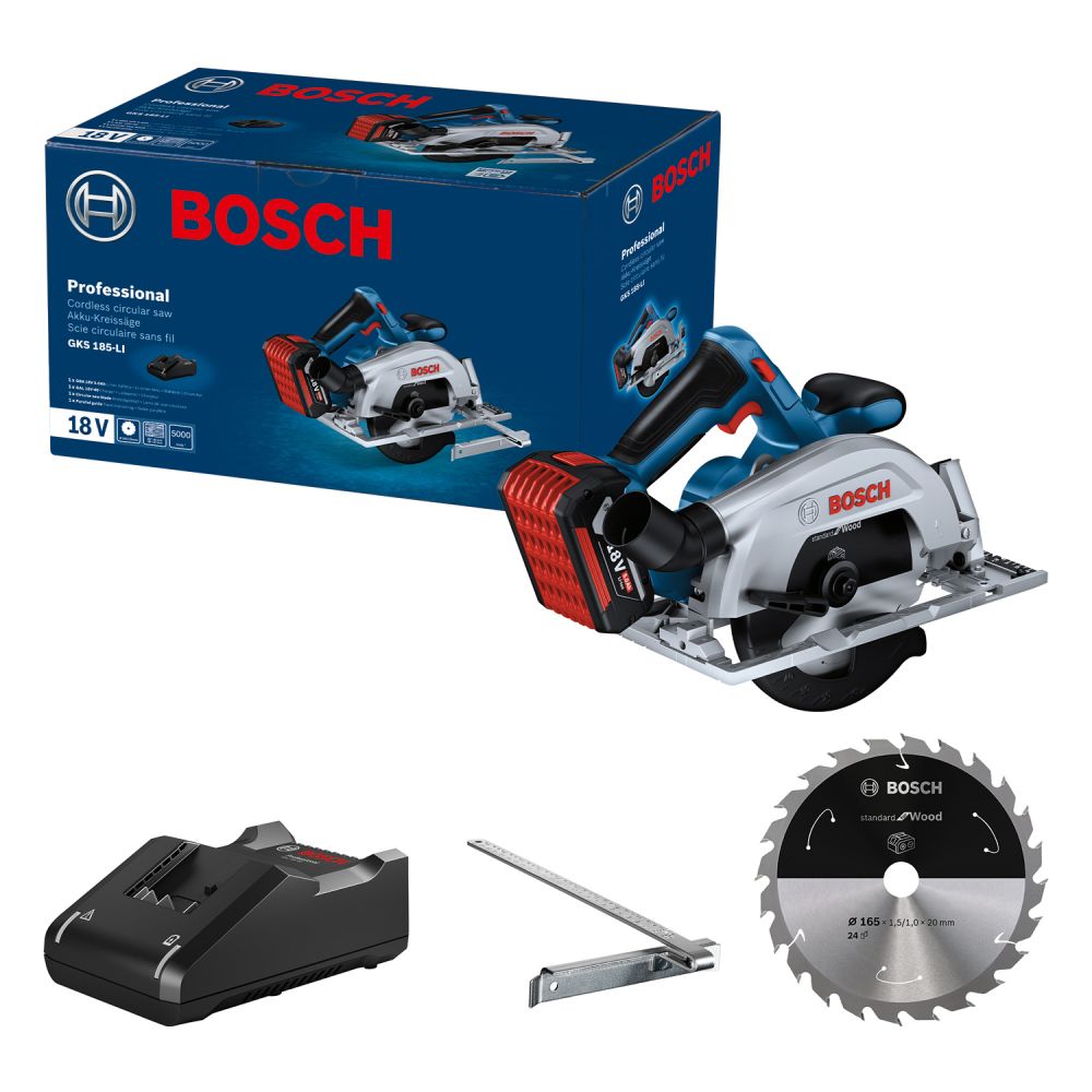 Пила циркулярная Bosch GKS 185-LI, 18 В, 165 мм, 5000 об/мин, с АКБ 5 Ач и ЗУ (0.601.6C1.223)