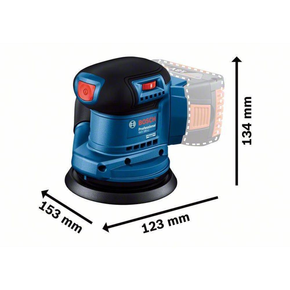 Аккумуляторная эксцентриковая шлифмашина Bosch GEX 185-LIм, 18 В, 125 мм, 10000 об/мин, с АКБ 4 Ач и ЗУ, в кейсе (0.601.3A5.021)