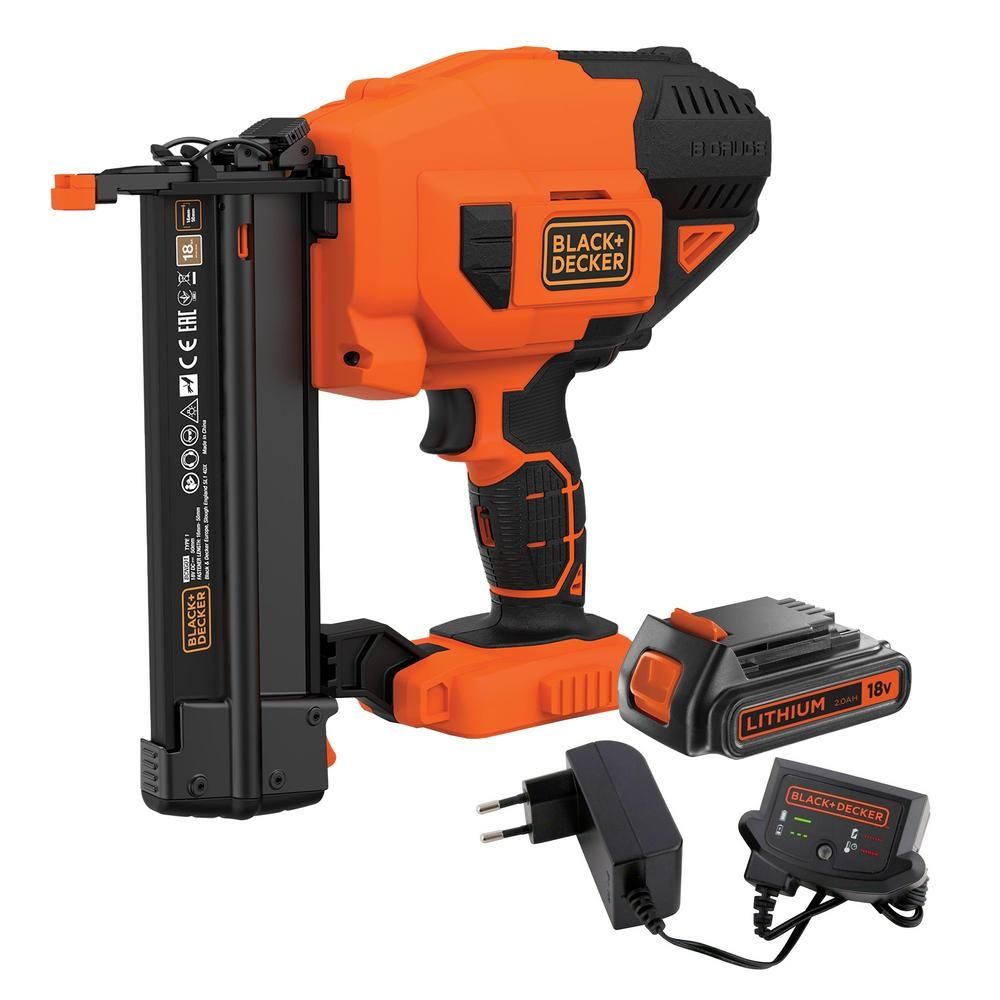 Шпилькозабивной пистолет (нейлер) 18В Ga18 BLACK+DECKER BCNG01D1, 16-50мм, АКБ 2Ач, зарядное устройство
