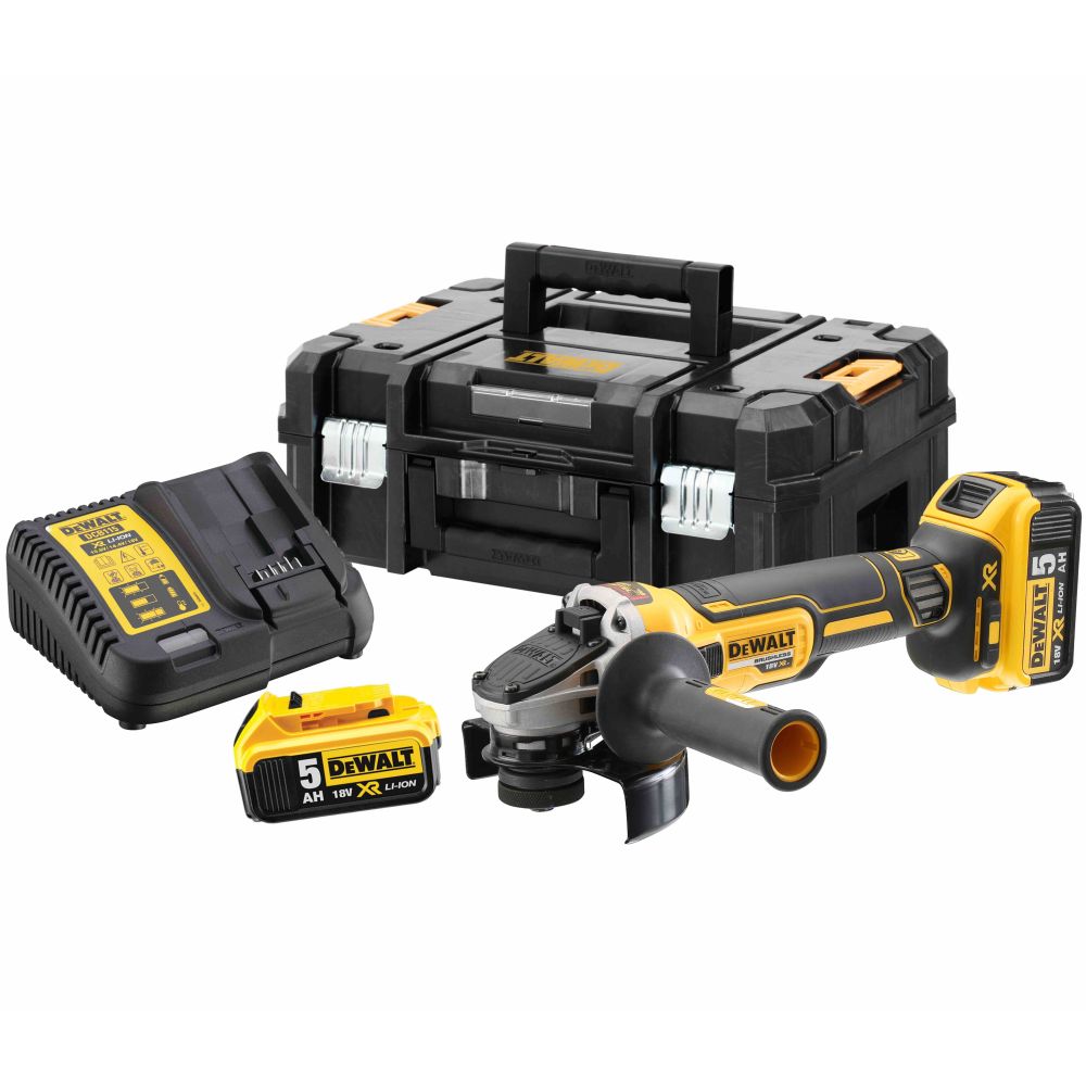 Аккумуляторная угловая шлифмашина DEWALT DCG405P2, 18 В, 125 мм, 9000 об/мин, с 2 АКБ 5 Ач и ЗУ, в кейсе TSTAK (DCG405P2-QW)
