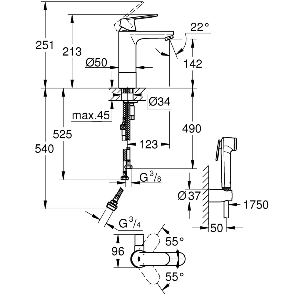 Смеситель для раковины GROHE Eurosmart Cosmopolitan с гигиеническим душем, M-size, хром (24191000)