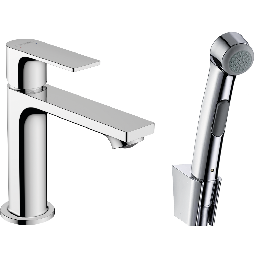 Смеситель для раковины hansgrohe Rebris E 110 без сливного гарнитура, с гигиеническим душем 72216000, хром