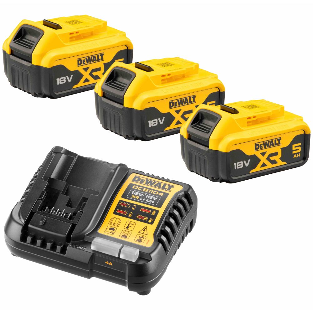 Набор DEWALT: 3 АКБ DCB184, Li-Ion, 18 В, 5 Ач и зарядное устройство DCB1104, 12/18 В, 4 A (DCB1104P3)